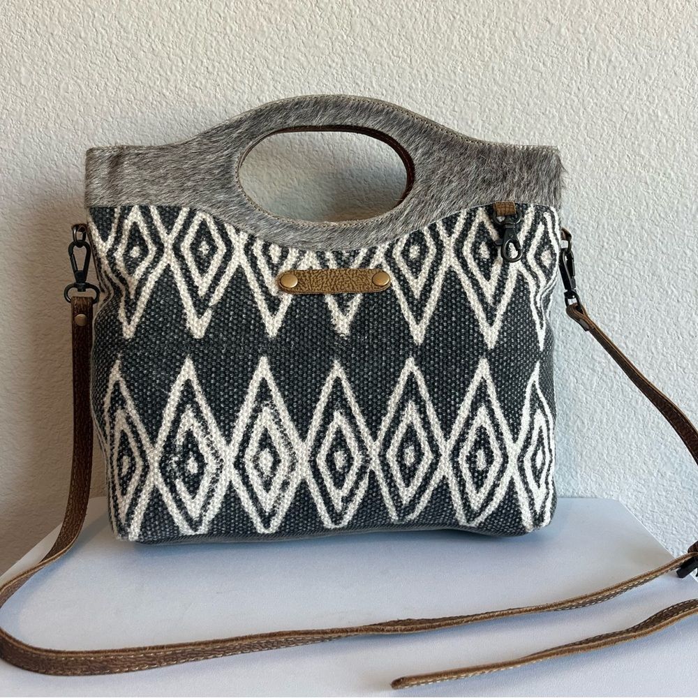 MYRA BAG Being Social Cowhide Trim Canvas Chevron Stripe tote Crossbody Bag